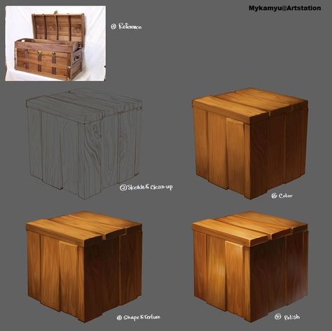 ArtStation - Clean Wood Painting Process, Minkyung Yu How To Paint Wood Texture, Painting Wood Texture, Wooden Box Drawing, Painting Of Wood, How To Draw Wood, Material Painting, Wood Drawing, Wood Cube, Clean Wood