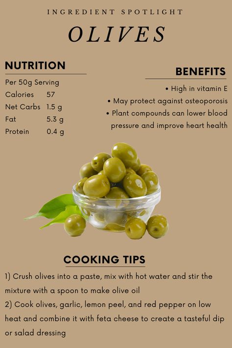 Olives are a great healthy snack and low carb ingredient. Save this graphic and check out the article to learn about the health benefits and cooking tips for olives! Olive Benefits Health, Olives Health Benefits, Olives Benefits, Benefits Of Olives, Training Food, Fruit Aesthetic, Food Benefits, Vegetable Benefits, Food Education