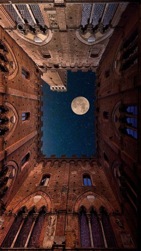 Worms Eye View, Siena Italy, Moon Photography, Moon And Stars, Night Aesthetic, Abandoned Places, Night Photography, Eiffel Tower Inside, Siena