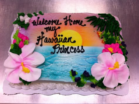 Beach Sunset Cake Ideas, Hawaiian Themed Sheet Cake, Tropical Cake Ideas Hawaiian Theme, Hawaiian Sheet Cake, Hawaiin Cake Design, Tropical Sheet Cake, Hawaiian Themed Cake, Luau Birthday Cake, Hawaiian Theme Cakes