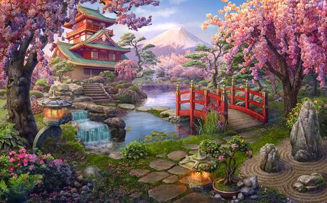 Japanese Garden | Hidden City Wiki | Fandom Cherry Blossom Theme, Monte Fuji, Mont Fuji, Japanese Water, Embroidery Wall Art, Mosaic Crosses, Diamond Drawing, Diamond Embroidery, Diamond Mosaic