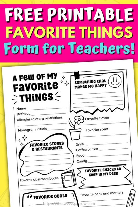 Teacher Likes Survey Free Printable, Teacher Favorite Things Questionaire, Teachers Favorite Things Printable Free, Teacher Questionnaire Free Printable, Teacher Favorites Printable, Admin Ideas, Teacher Questionnaire, Like And Dislike, Booster Club