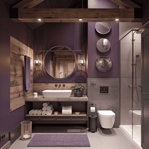 Rustic Purple Farmhouse Bathroom Inspiration Purple Master Bath, Purple Farmhouse, Plum Bathroom, Farmhouse Bathroom Inspiration, Farmhouse Color Scheme, Lavender Bathroom, Purple Bathroom, Rustic Farmhouse Bathroom, Purple Bathrooms