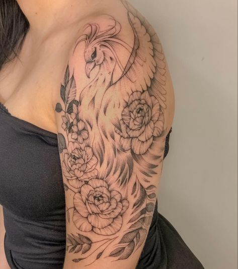 Phoenix Tattoo Back Shoulder, Pheonix Tattoo Shoulder Women, Pheonix Tattoo Upper Arm, Pheonix Tattoo For Women Arm Sleeve, Upper Arm Phoenix Tattoos For Women, Phoenix Bicep Tattoo, Phoenix Tattoo Flowers, Rising Phoenix Tattoo Feminine Shoulder, Phoenix Tattoo Forearm Women