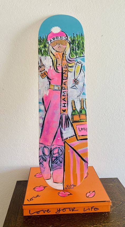 Skate Decks Art, Skateboard Designs Art, Painted Skateboard Aesthetic, Skateboard Deck Art Diy, Blonde Painting, Skate Deck Art, Blonde Or Brunette, Skateboard Room, Skateboard Ideas