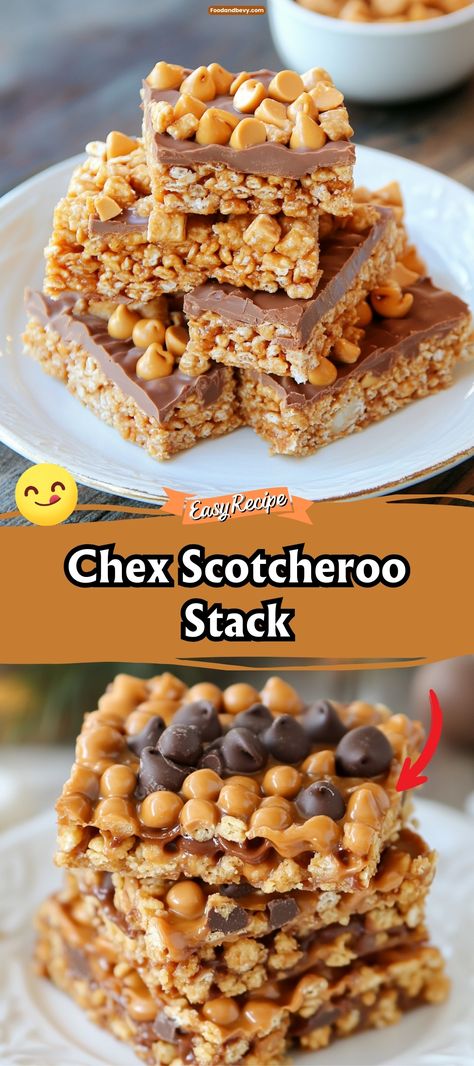 Enjoy the layered goodness of Chex Scotcheroo Stack, where crispy Chex cereal is mixed with peanut butter and coated in chocolate and butterscotch. These bars offer a delightful crunch and a fusion of flavors that are sure to be a hit at any party or as a fun snack for kids and adults alike. #Scotcheroos #ChexMix #PartySnacks Captain Crunch Cereal, Chex Mix Recipes Original, Chocolate Chex, Rice Chex, Chex Cereal, Hearty Lunch, Snack For Kids, Crunch Cereal, Chex Mix Recipes