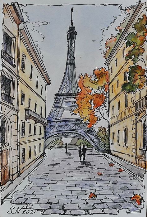 Paris Urban Sketch, Paris Drawing Ideas, Painting Ideas Paris, Paris Art Drawings, Paris Aesthetic Drawing, Urban Watercolor Sketching, Paris Drawing Sketches, Paris Painting Easy, City Art Drawing