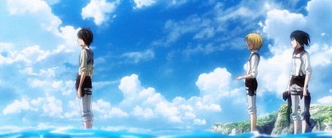 Scene where Eren Mikasa and Armin standing at beach Aot Gif Eren, Aot Banners Gif, Eren Yeager Banner Gif, Eren Jaeger Banner, Eren Pointing At The Ocean, Armin Banner, Mikasa Armin And Eren, Eren Banner, Attack On Titan Banner