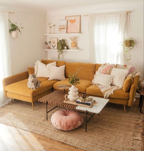 Mustard Living Rooms, Industrial Decor Living Room, Albany Park, Yellow Living Room, Couch Decor, Rustic Living Room, Boho Living, Apartment Inspiration, Boho Living Room