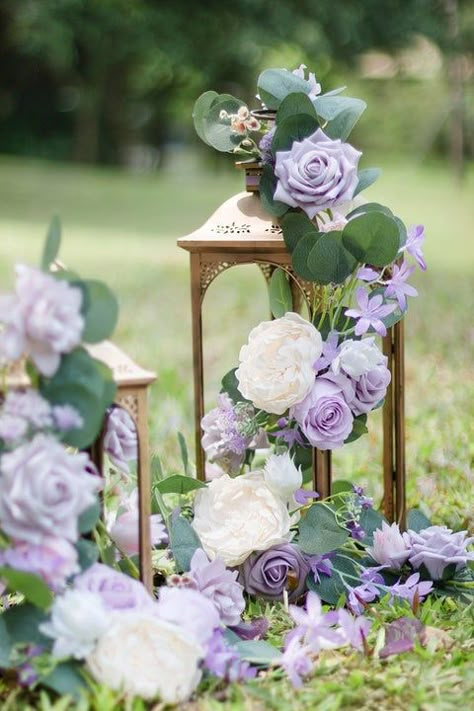 Wedding Centerpieces | Lantern Floral Arrangements (Set of 6) - Lilac & Gold – Ling's moment Lantern Floral Arrangements, Lilac Wedding Themes, Lantern Flowers, Tangled Wedding, Romantic Centerpieces, Purple Wedding Centerpieces, Centerpieces Floral, Lantern Centerpiece, Lantern Decor