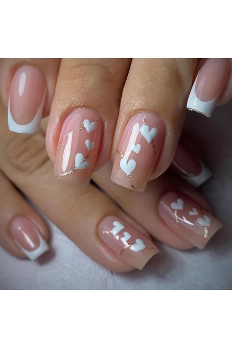 Square Press on Nails Medium Fake Nails, White French Tip Press on Nails with Heart Designs Valentine¡¯s Day Nail Art Decorations Glossy Full Cover Glue on False Nails for Women Manicure Nails With Heart Designs, Nails White French Tip, Nails White French, Fake Nails White, Square Press On Nails, French Tip Press On Nails, Press Nails, Press On Nails Medium, White French Tip