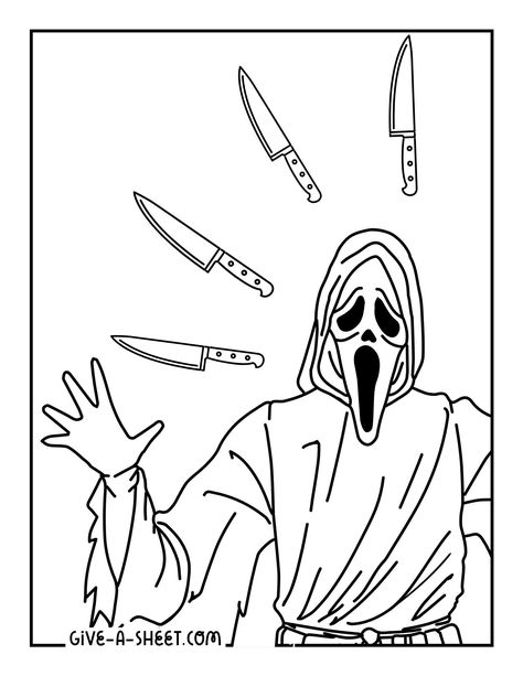 Billy Loomis ghostface scary movies coloring sheet. Ghost Face Coloring Pages, Ghostface Coloring Page, Horror Movie Coloring Pages, Billy Loomis Ghostface, Scream Drawing, Horror Movie Marathon, Screaming Drawing, Halloween Reaper, Halloween Coloring Pictures