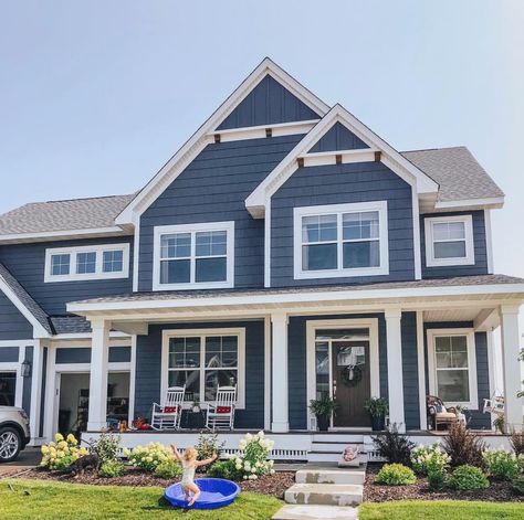 I’m a sucker for a blue craftsman Blue New England House Exterior, England House Exterior, New England House Exterior, Blue Craftsman, Lodge Exterior, Craftsman Style Exterior, New England House, England House, Lake Houses Exterior