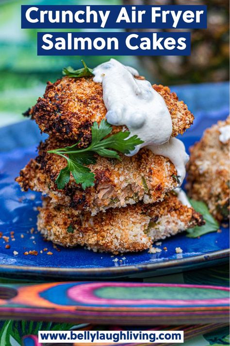 Crunchy Air Fryer Salmon Cakes are packed with flavor and easy to make. Don't have an air fryer? Just pan fry or bake in the oven for a fast dinner or appetizer. #airfryer #airfryerrecipes #salmon #salmonrecipes Air Fryer Salmon Cakes, Crunchy Salmon, Baked Salmon Patties, Salmon Cake, Perfect Salmon, Oven Salmon, Salmon Cakes Recipe, Air Fryer Salmon, Tuna Cakes