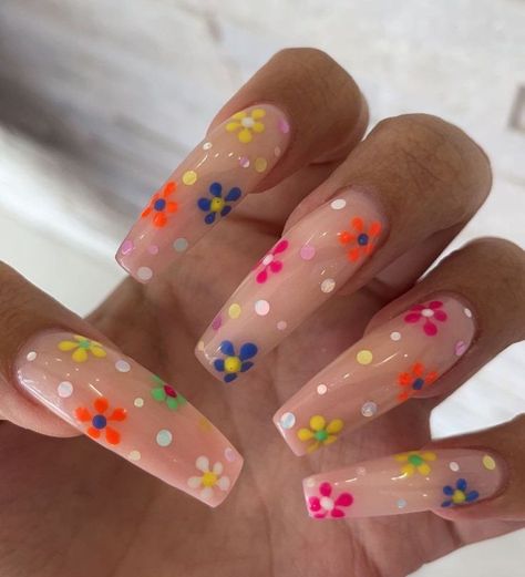 Hippy Acrylic Nails, Hippie Nails Simple, Rainbow Flower Nails, Hippie Nails Acrylic, Hippie Nails Boho, Classy Fall Nail Designs, Spring Nails Coffin, Vintage Nail Art, 16 Nails