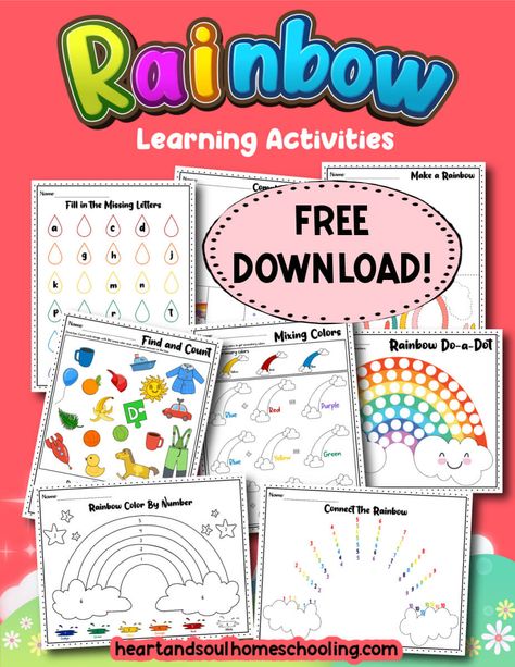 Download this FREE rainbow learning activities printable pack for preschool via @destinyblogger A Rainbow Of My Own Activities, Rainbow Preschool Activities Free Printables, Rainbow Do A Dot Free Printable, Rainbow Unit Preschool, Rainbow Worksheet Free Printable, Rainbow Activities Preschool, Rainbow Songs, Stem Activities Preschool, Rainbow Activities