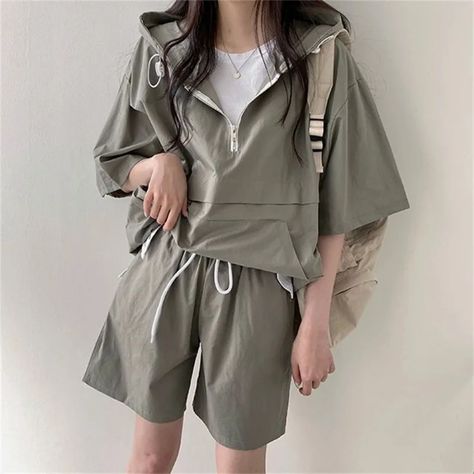 Sets for Women 2 Pieces Sweat Suit Summer Shorts T-shirt Hooded Loose Sports Tracksuit  Training Pajamas Shorts, Summer Two Piece, Loungewear Summer, Suits Korean, Color Outfits, Korean Style Women, Solid Color Outfits, Womens Pajama Shorts, Short Sleeve Pullover