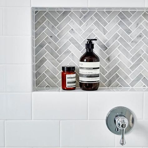 swoonworthy... tile trends - darci hether Tile Shower Niche, Beautiful Master Bathrooms, Bad Inspiration, Shower Niche, Herringbone Tile, Basement Bathroom, Trendy Bathroom, Upstairs Bathrooms, Grey Bathrooms