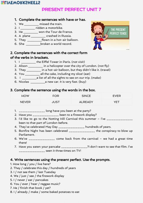 Present perfect interactive activity for 2ESO. You can do the exercises online or download the worksheet as pdf. Present Perfect Worksheets Grammar, Present Perfect Worksheets, Present Perfect Sentences, Present Perfect Tense Exercises, Present Perfect Continuous, English Grammar Exercises, English Grammar For Kids, English Teaching Materials, Perfect Tense