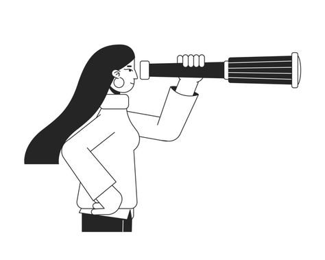 Woman looking at monocular telescope flat line black white vector character. Editable isolated outline person. Strategic vision simple cartoon style spot illustration for web graphic design, animation Telescope Graphic Design, Graphic Design Animation, Spot Illustration, Monocular Telescope, Flat Character, Doodle People, Web Graphic Design, Simple Cartoon, Design Animation