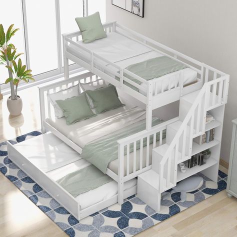 Stairway Bunk Beds, Closet Organisation, Beds For Small Rooms, Solid Wood Bunk Beds, Twin Over Full Bunk Bed, Wooden Bunk Beds, Full Bunk Bed, Guard Rail, Wood Bunk Beds