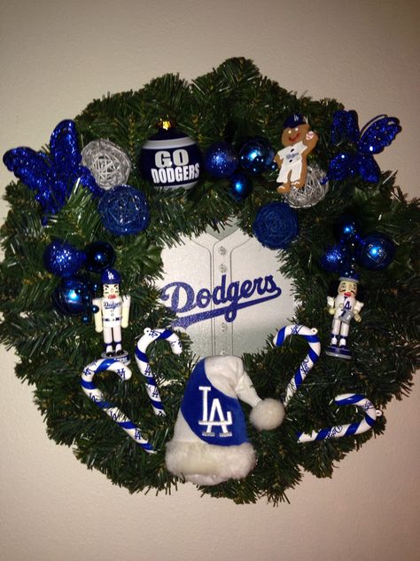 Wreath Dodger Christmas Decorations, Dodgers Ornaments Diy, La Dodgers Wreath, Dodger Decorations, La Dodgers Door Hanger, Baseball Wreaths, Hanukkah Wreath, Hanukkah, Christmas Wreaths