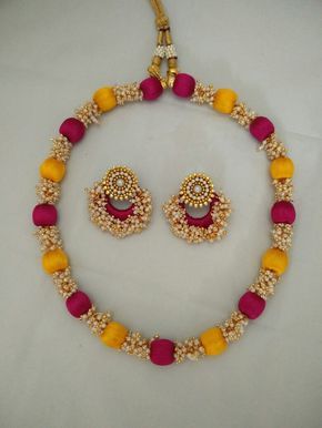 Yaalz pearl neck chain For orders whatsapp in 8971045612 Silkthread Jwellery, Silk Thread Earrings Designs, Silk Thread Necklace, Silk Thread Bangles Design, Silk Bangles, Pearl Neck, Silk Thread Earrings, Thread Bangles Design, Beaded Necklace Patterns