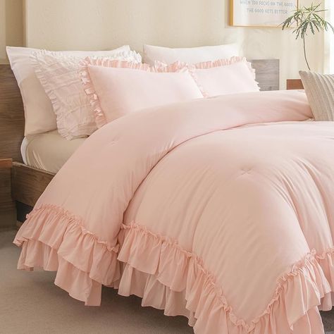 Twin Size 2 Pc Set In Petal Pink Comforter 90" X 66" Pillow Shams 26" X 20" More Sizes Available, Listed Separately. Order A Size Up For A Longer Drape Over Sides. 1 Comforter With Double Layers Of Ruffles. Each Layer Is 6 Inches. 1 Sham With 1 Layer Ruffle, 2" Ruffle Microfiber Bedding Is Lightweight, Breathable And Moisture-Wicking, For Year-Round Comfort Bohemian Chic Vintage Look Or Cottagecore Style Add Coziness To Your Bedroom To Encourage A Good Night's Sleep Double Washed Stone Washed Mi Bright Pink Bedding, Dusty Pink Comforter, Pink Ruffle Bedding, Coquette Comforter, Pink Bedding Aesthetic, Pink Room Aesthetic Vintage, Pink Vintage Room, Pink Princess Bed, Light Pink Comforter