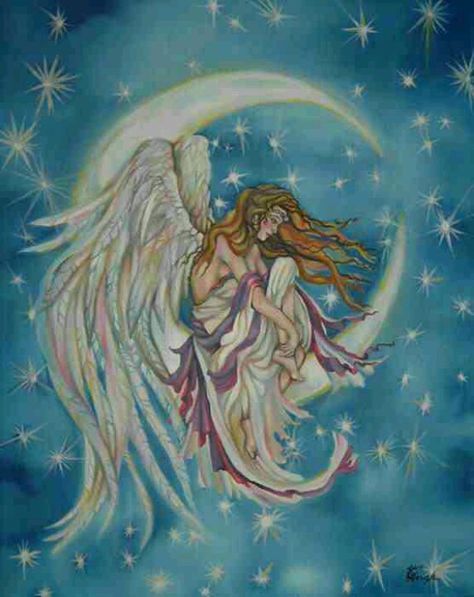 Sitting on the moon.. Angel Sitting On Moon Tattoo, Sitting On Moon Tattoo, Sitting On Moon, Lunar Art, Sleeping On The Moon, Angel Sitting, Sitting On The Moon, Psalm 91 11, Angel Illustration