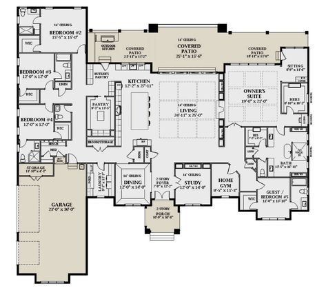 House Plan 6849-00158 - Contemporary Plan: 5,038 Square Feet, 5 Bedrooms, 5.5 Bathrooms Property Layout, One Level House Plans, 6 Bedroom House Plans, Luxury Farm, Luxury Floor Plans, 5 Bedroom House Plans, Ranch Homes, Floor Plans Ranch, Granny Flats