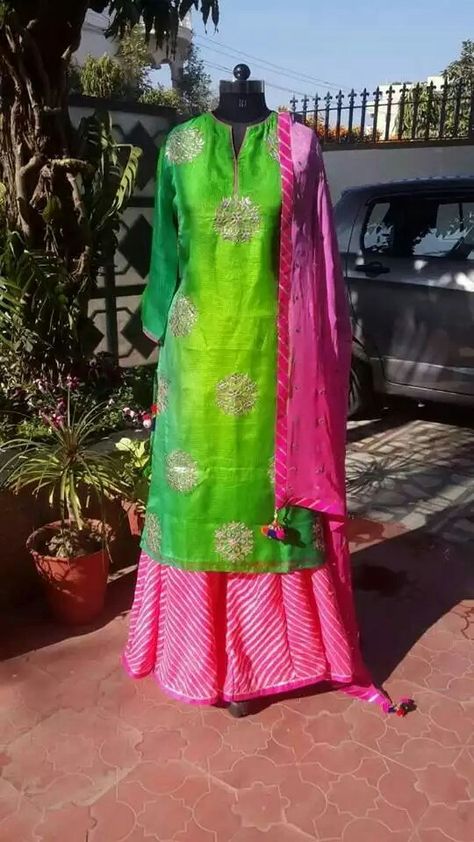 Green Kameez, Bandhani Fabric, Pink Sharara, Lehenga Anarkali, Maharani Designer Boutique, Bandhani Dress, Parrot Green, Trendy Jewerly, Genius Ideas