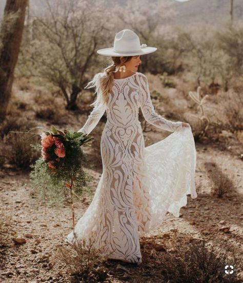 Dress Hipster Bride, Bridal Dress Beach Wedding, Boho Chic Bride, Long Sleeve Bridal Dresses, Modern Bridal Gowns, Bridal Hat, Unique Bride, Bohemian Wedding Dress, Modern Bridal