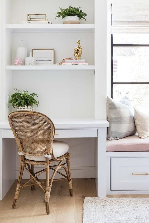 Girl's bedroom features built in shelves over a desk with a brown rattan chair and built in window nook seat that boasts a pink cushion. Desk For Girls Room, Built In Desk And Shelves, Reading Place, Built In Window Seat, Desk Nook, Pure Salt Interiors, Pure Salt, Wall Desk, Built In Desk