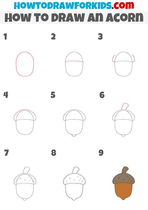 How To Draw An Acorn Step By Step, How To Draw Acorns Step By Step, How To Draw Acorns, Step By Step Fall Drawings, How To Draw An Acorn, Fall Drawings Easy Step By Step, Acorn Drawing Simple, How To Draw Fall Things, Acorn Doodle