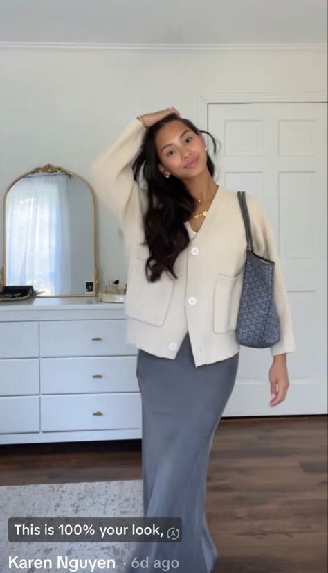 Modest Clean Girl Outfits, Maxi Skirt And Cardigan Outfit, Modest Vest Outfits, Classy Cardigan Outfit, Corporate Baddie Summer Outfits, Modest Corporate Outfits, Cardigan Outfit Formal, Skirt Cardigan Outfit, Modest Office Outfits