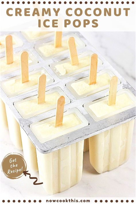 These easy creamy coconut popsicles are made with coconut milk and are a cool, refreshing, and delicious frozen treat perfect for hot summer days. Not only are they sweet and creamy, they're filled with bits of chewy coconut (so good!). If you like coconut, you're going to love these coconut milk ice pops! Get the recipe and try them! Vanilla Popsicles Recipe, Homemade Ice Cream Pops, Chocolate Ice Cream Popsicles, Ice Cream Bars Recipes, Mario Food, Fudgsicle Recipe, Diy Ice Cream Bar, Homemade Ice Cream Bars, Grape Popsicles