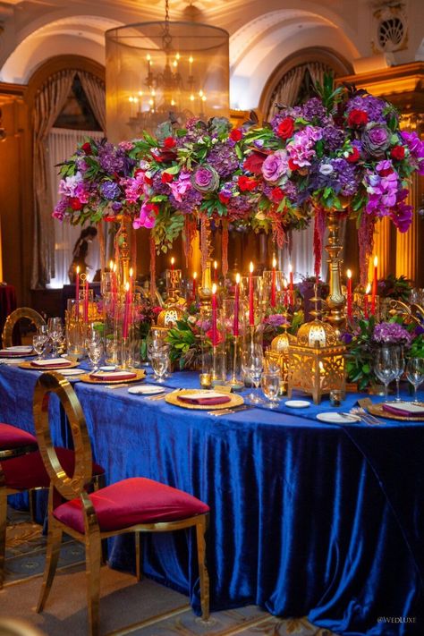 Moroccan Theme Wedding, Moroccan Theme, Quinceanera Ideas, Jewel Tone Wedding, Wedding Tablescape, Floral Runner, Royal Blue Wedding, Wedding Fun, Vancouver Wedding