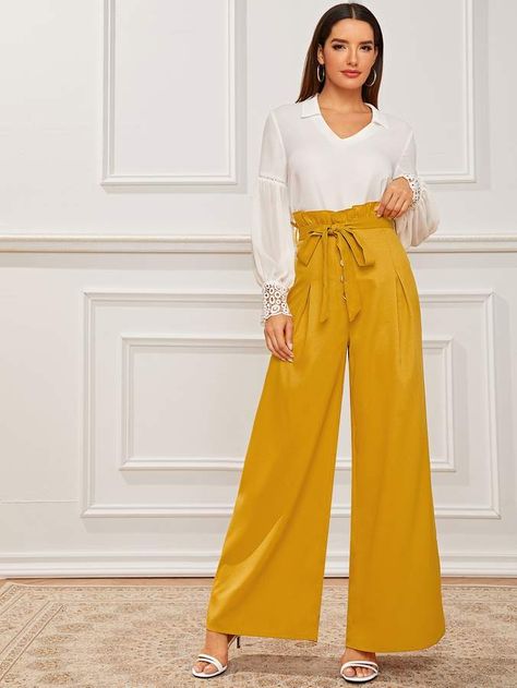 Yellow Pants Outfit, Paper Bag Waist Pants, Yellow Pants, Striped Wide Leg Pants, Lace Pants, Women Pants, Type Of Pants, Shein Style, Bottom Clothes