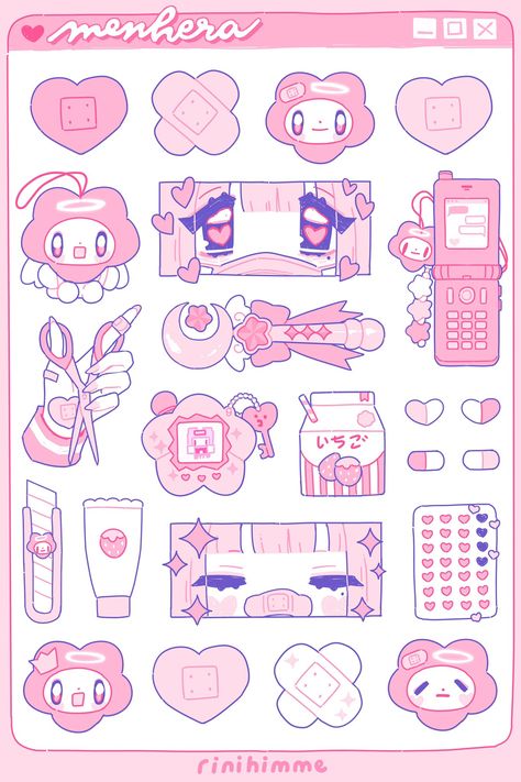 Yami Kawaii Stickers, Cute Medical Stickers, Pink Journal Stickers, Sanrio Sticker Sheet, Cutecore Stickers, Anime Sticker Sheet, Pink Sticker Sheet, Kawaii Printable Stickers, Cute Pink Stickers