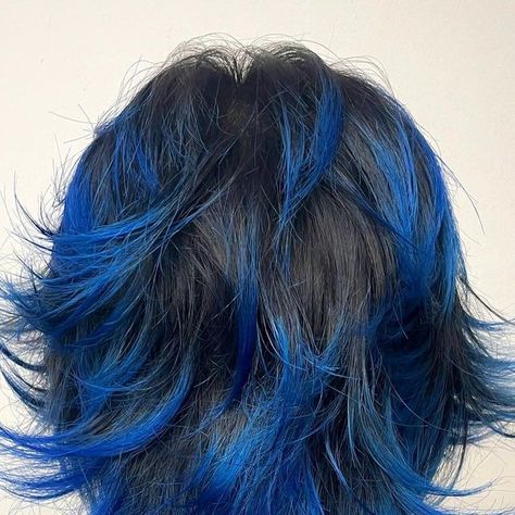 TAIGA on Instagram: "Hair by me" Electric Blue Hair Color, Blue Hair Black Tips, Dark Blue Hair Dye Ideas, Blue Hair On Curly Hair, Blue Hair With Black Roots, Black Hair With Blue Tips, Hair Bleach Ideas, Hair Dye Ideas For Short Hair, Silver And Blue Hair