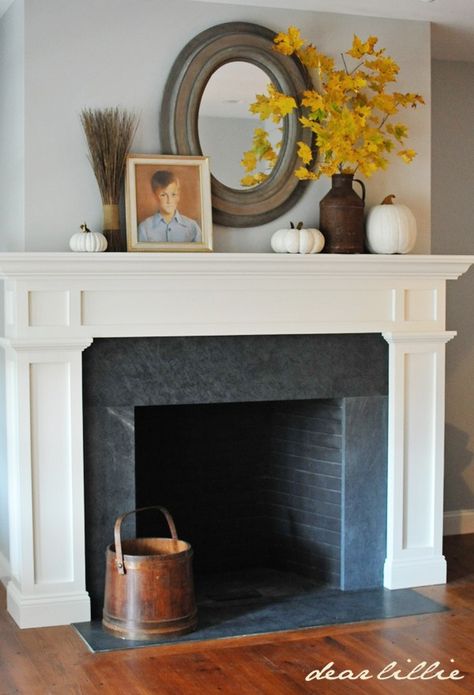 Soapstone Fireplace, Simple Fall Mantle, Slate Fireplace Surround, Autumn Mantel, Mantle Decorating, Craftsman Tile, Slate Fireplace, Fall Mantle Decor, Mantel Ideas