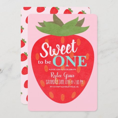 Kids First Birthday, Strawberry Birthday Party, Strawberry Cute, One Strawberry, First Birthday Invite, Strawberry Birthday, Strawberry Baby, Strawberry Party, 2nd Birthday Party Themes