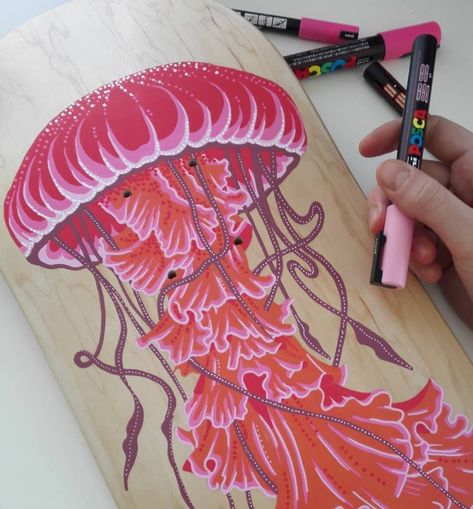 POSCA UK (@posca_uk) • Instagram photos and videos Blank Skateboard Decks, Painted Skateboard, Custom Skateboard Decks, Surfboard Painting, Snowboard Art, Aquatic Animal, Snowboard Design, Longboard Design, Pink Jellyfish