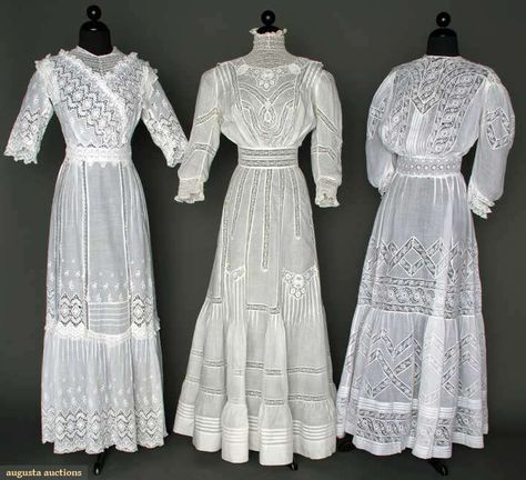 SUMMER TEA GOWNS, 1905-1910  white cotton lawn w/ lace insertions  Augusta Auctions Lingerie Gown, Tea Gown, 1900s Fashion, Eyelet Lace Dress, Summer Tea, Edwardian Dress, Old Dresses, Corte De Cabelo Masculino, Victorian Clothing