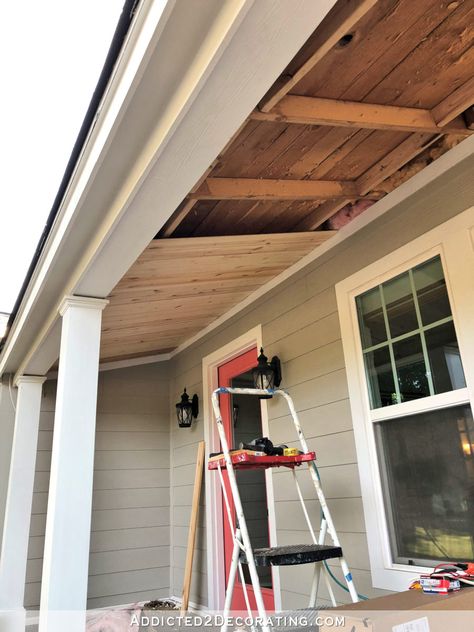 Front Porch Ceiling, Haint Blue Porch Ceiling, Blue Porch Ceiling, Blue Ceiling, Porch Kits, White Porch, Haint Blue, Shiplap Ceiling, Ceiling Materials