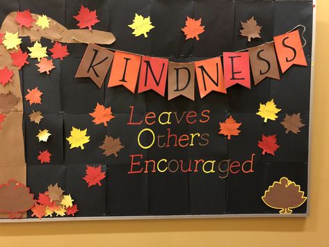 Fall Inspiration Bulletin Boards, Kindness Leaves Others Encouraged Bulletin Board, Fall Inspirational Bulletin Boards, Fall Into Kindness Bulletin Board, Gray Bulletin Board Classroom Decor, Thankful Wall Classroom, Fall Motivational Bulletin Boards, Fall Hallway Bulletin Boards, Halloween Kindness Bulletin Board