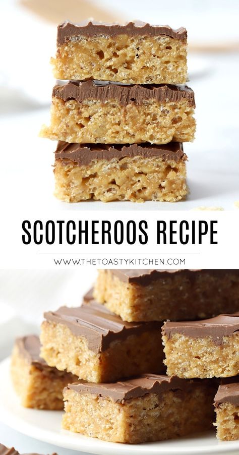 Scotcheroos recipe by The Toasty Kitchen. Scotcheroos are a sweet no-bake bar made with rice krispies cereal and peanut butter topped with rich butterscotch and chocolate. These no-bake bars are made with just six ingredients and are perfect for bake sales and potlucks! #scotcheroos #nobakebars #dessert #peanutbutterbars #ricekrispies #recipe Scotcheroos Recipe, Rice Krispies Cereal, Sweet Bites, Scrumptious Food, Krispy Treats, Dessert Bar Recipe, Butter Recipes, Rice Krispy, Easy To Make Desserts