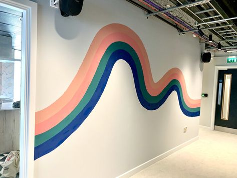 Painting Curved Lines On Walls, Painted Wavy Lines On Wall, Swirl Paint Accent Wall, Squiggle Line Wall Paint, Wiggle Wall Paint, Funky Paint Walls, Painted Squiggle On Wall, Retro Accent Wall Paint, Squiggle Painted Wall