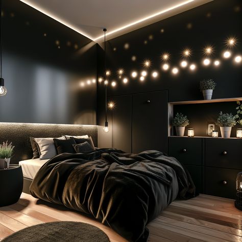 bedroom ideas for small rooms dark Dark Teenage Bedroom, Small Room Dark Wallpaper, Dark Bedroom Aesthetic Men, Dark Kids Room, Dark Men’s Bedroom, Room Ideas Dark, Black Room With Purple Led Lights, Black Bedroom, Teen Girl Rooms