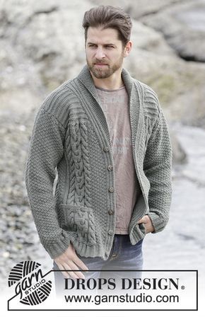 Finnley - Knitted DROPS men's jacket with cables and shawl collar in ”Lima”. Size: S - XXXL. - Free pattern by DROPS Design Mens Knit Sweater Pattern, Mens Shawl Collar Cardigan, Mens Knitted Cardigan, Mens Knit Sweater, Knit Cardigan Pattern, Knitting Patterns Free Cardigans, Zippered Cardigan, Knit Men, Patterned Cardigans